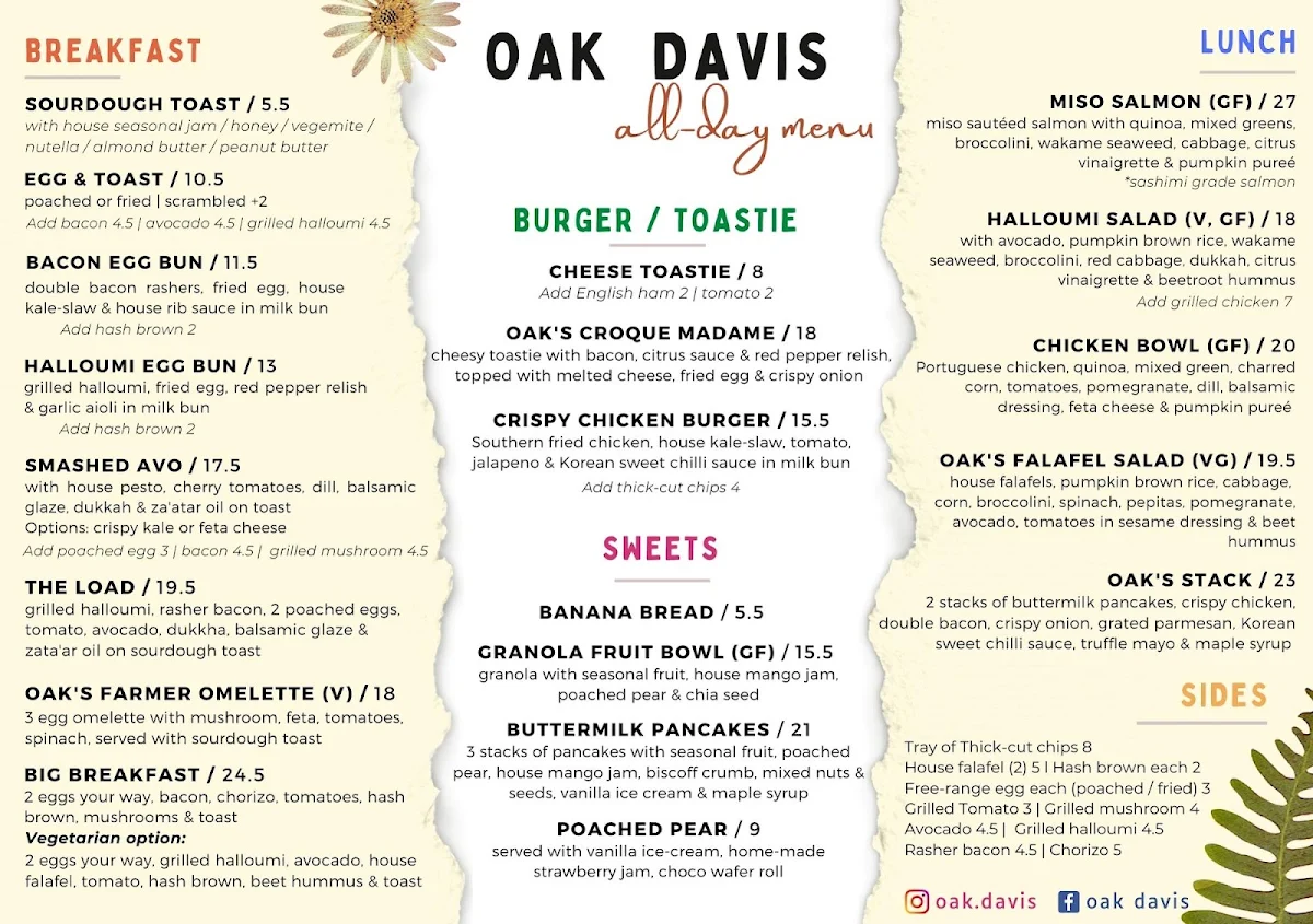 Menu, Oak Davis