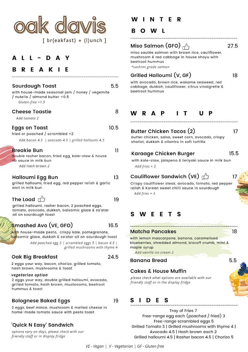 Menu, Oak Davis