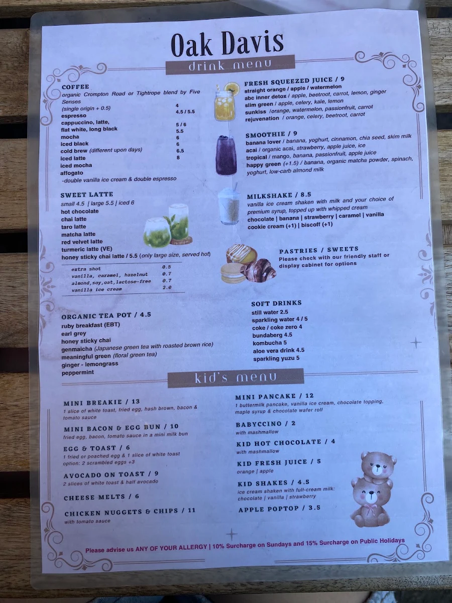 Menu, Oak Davis