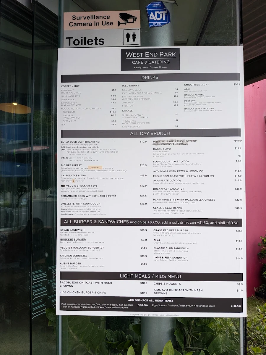 Menu, West End Park Cafe