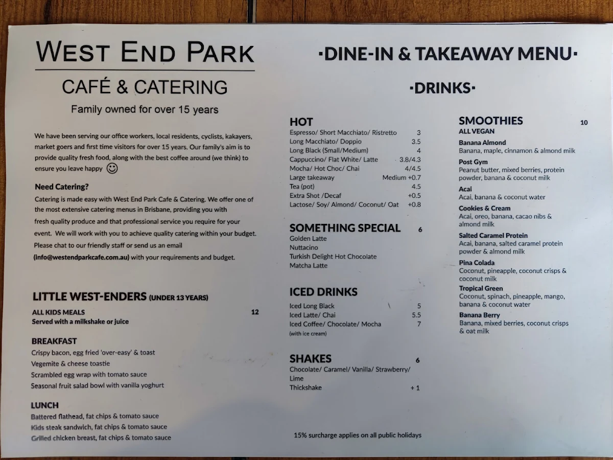 Menu, West End Park Cafe