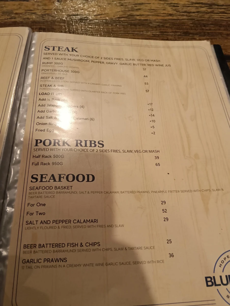 Menu, Hope Island Blue Water Grill