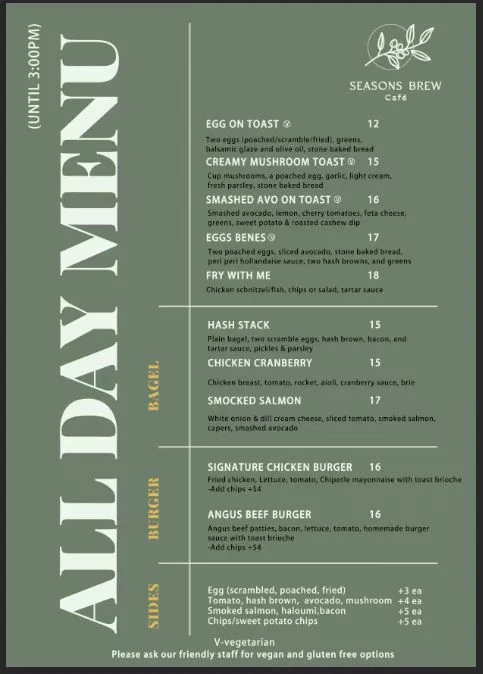 Menu, Seasons Brew Café
