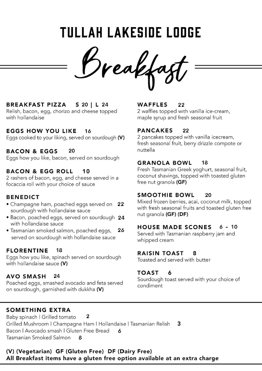 Menu, Tullah Lakeside Bar & Grill