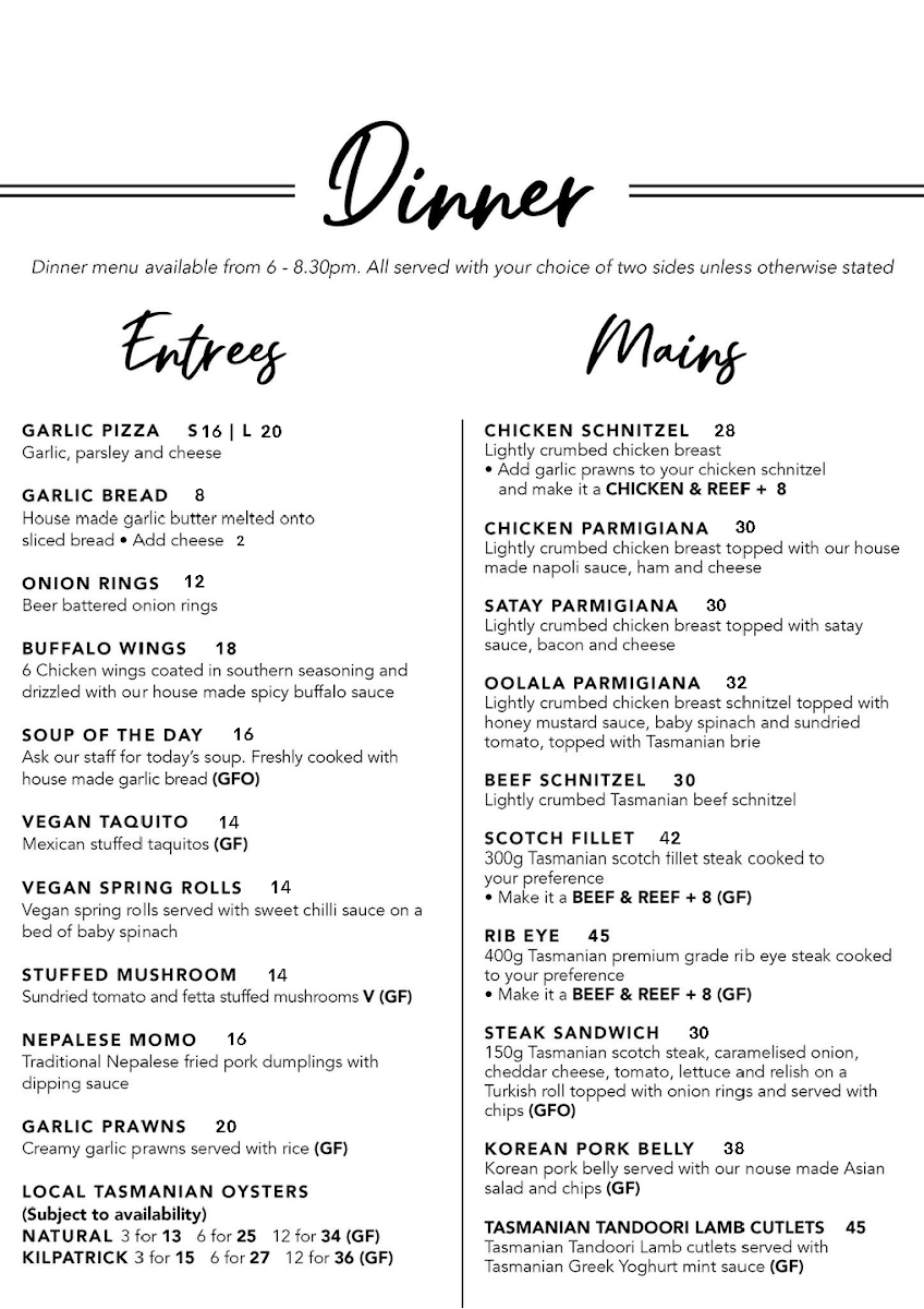 Menu, Tullah Lakeside Bar & Grill