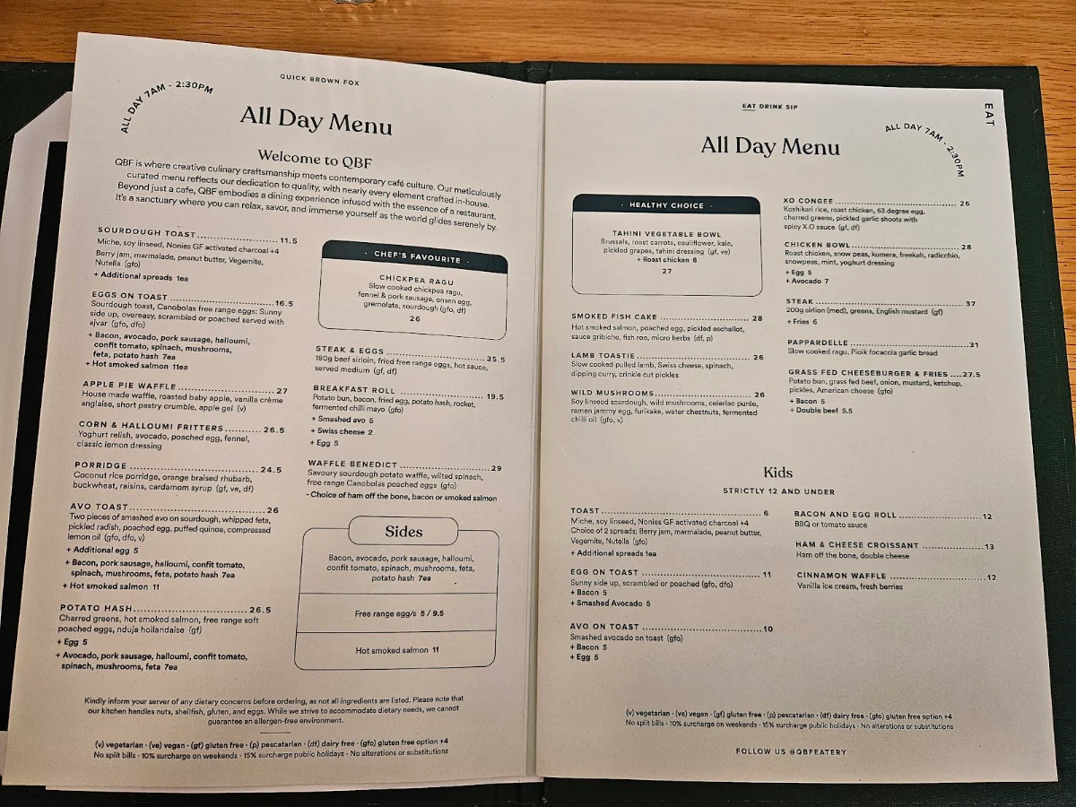 Menu, Quick Brown Fox Eatery