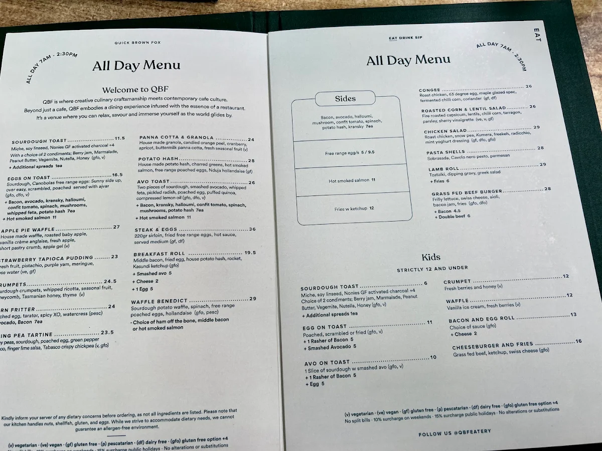 Menu, Quick Brown Fox Eatery