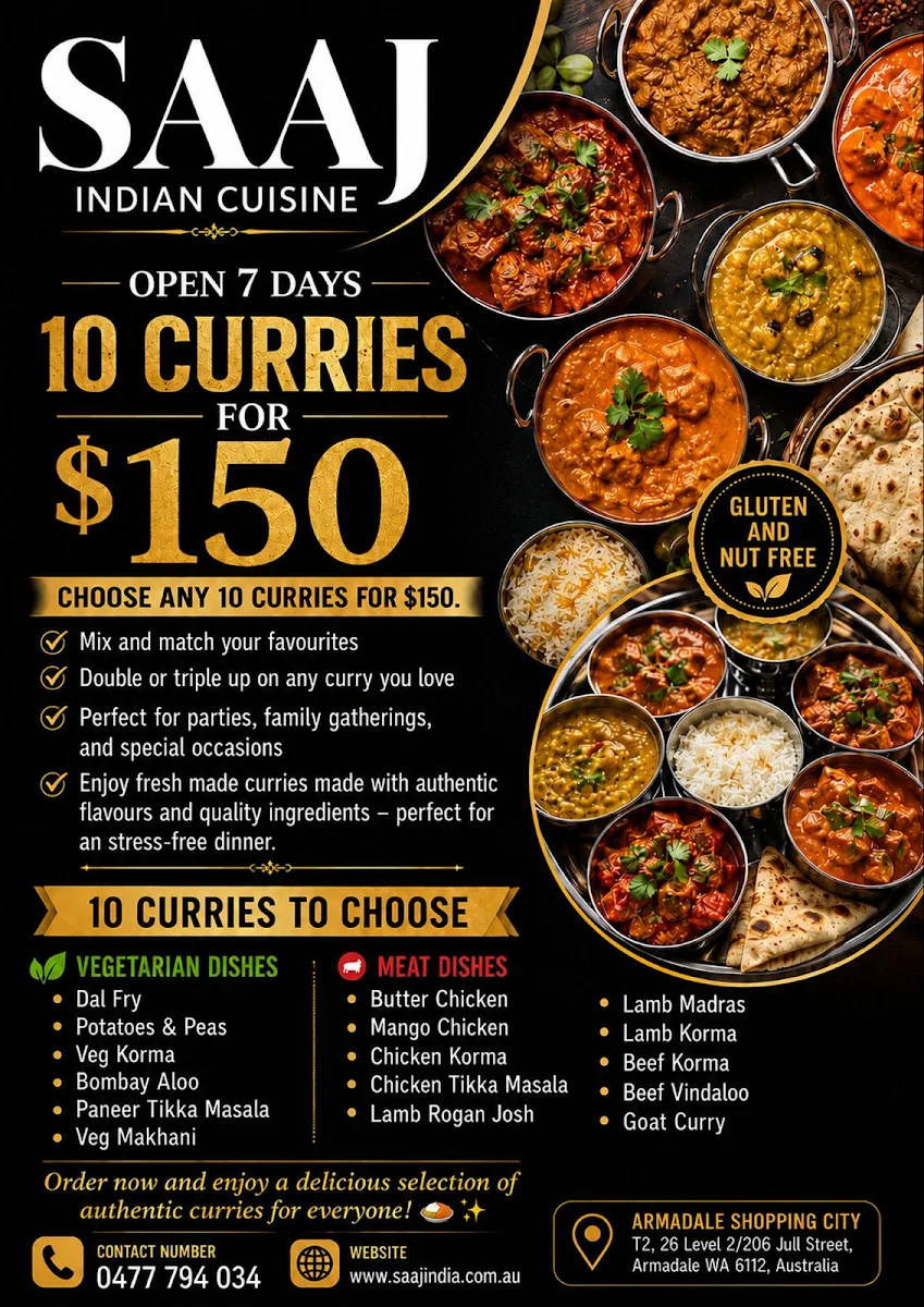 Menu, Saaj Indian Cuisine