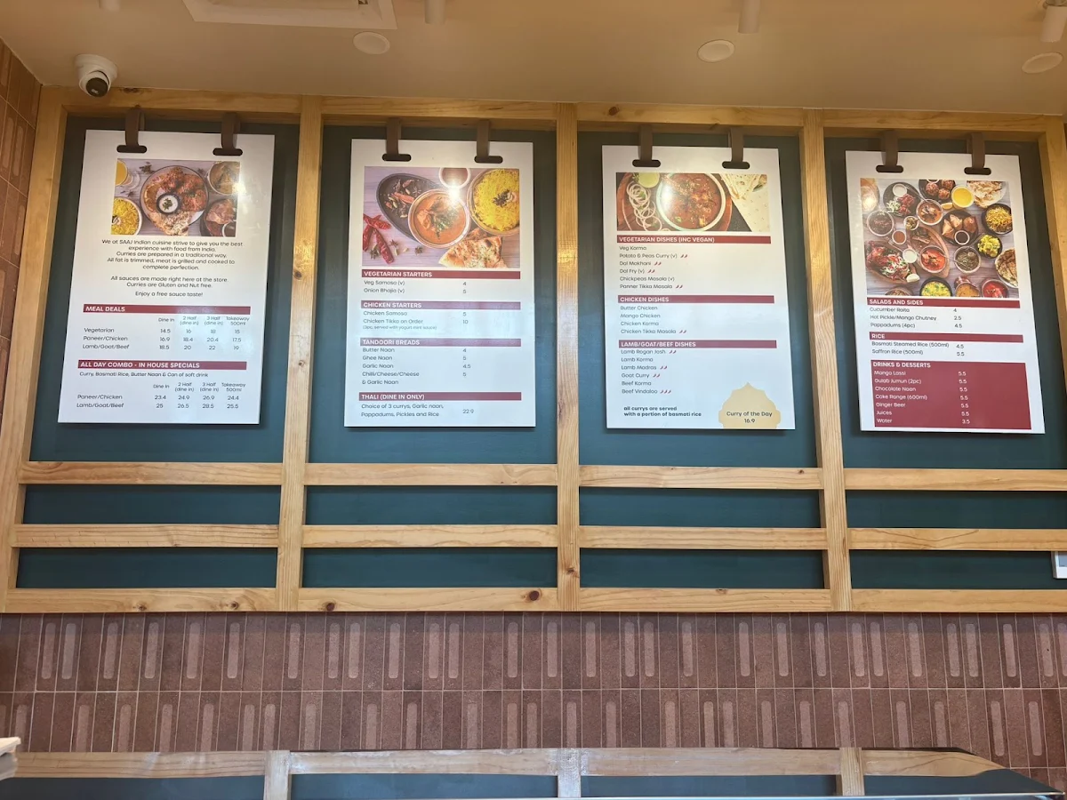 Menu, Saaj Indian Cuisine