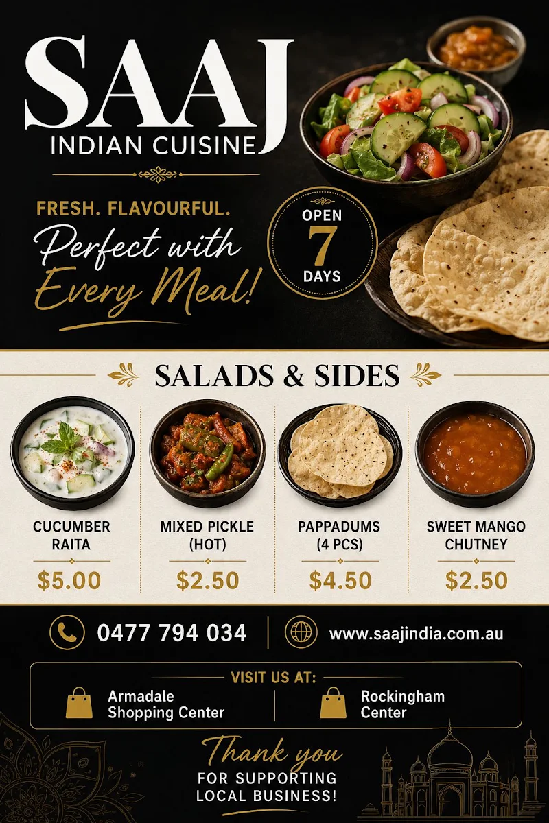 Menu, Saaj Indian Cuisine