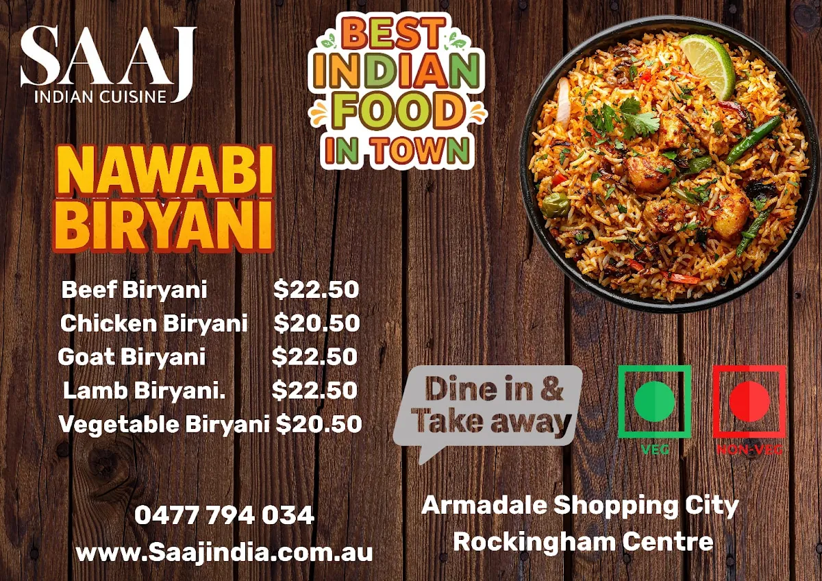 Menu, Saaj Indian Cuisine