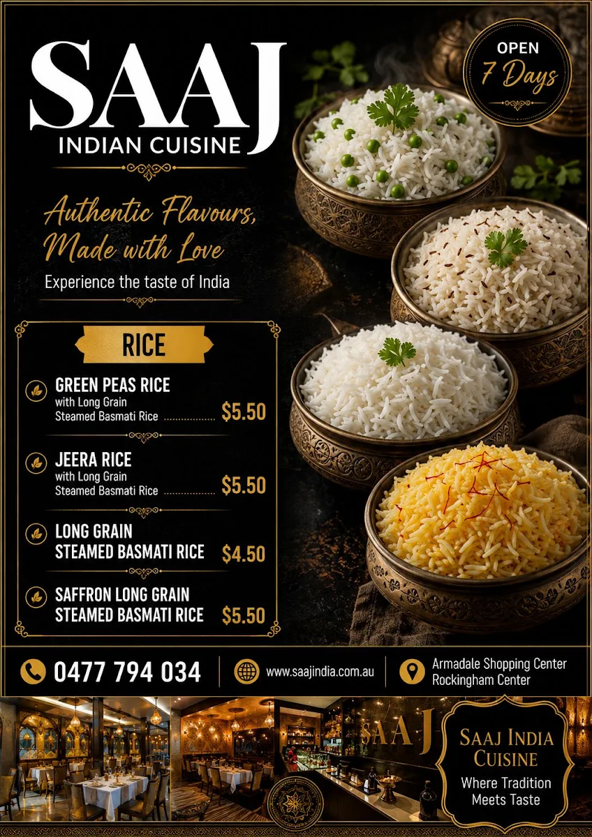 Menu, Saaj Indian Cuisine