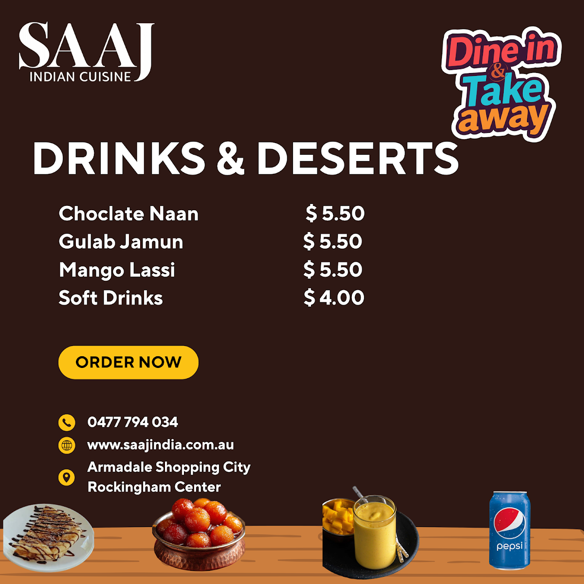 Menu, Saaj Indian Cuisine