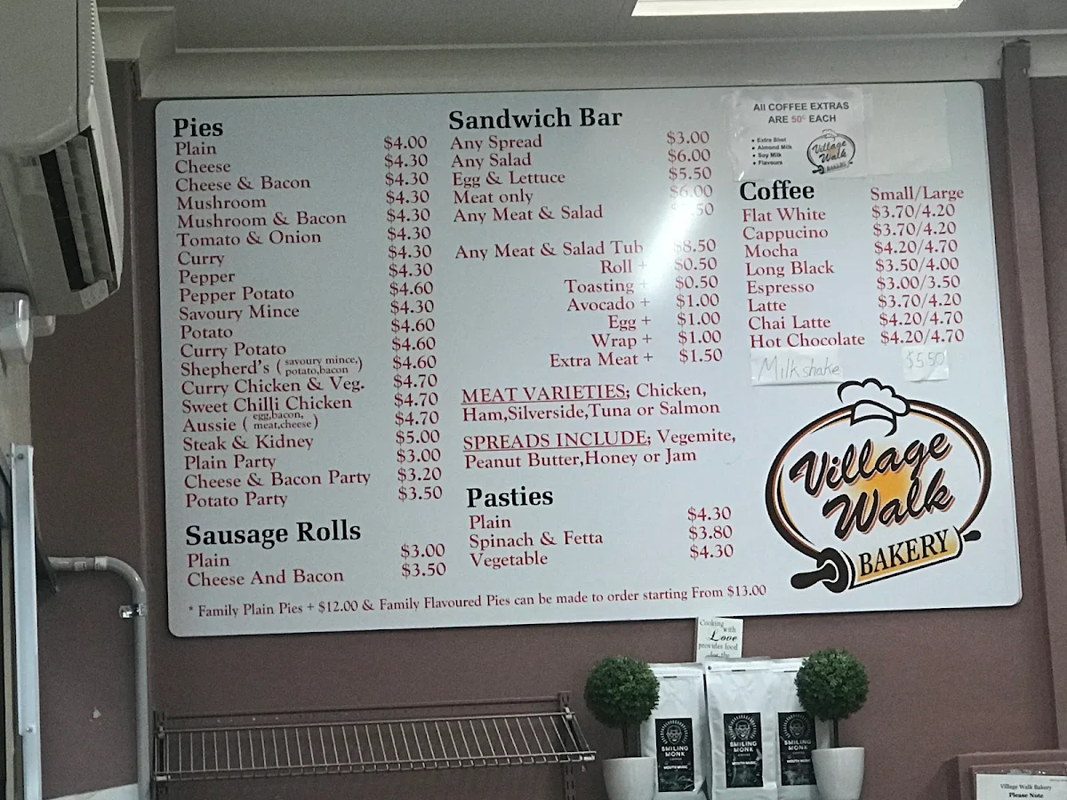 Menu, Village Walk Bakery