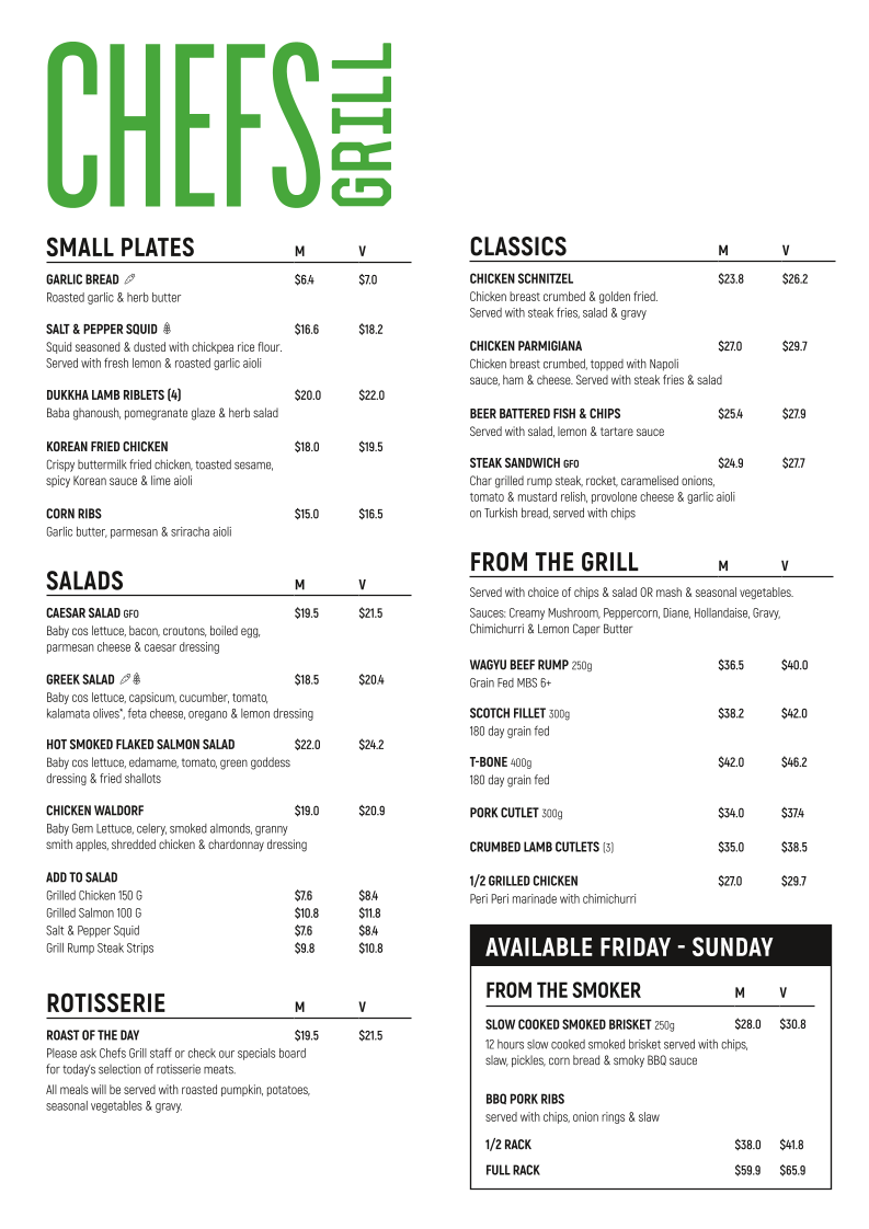 Menu, Chefs Grill