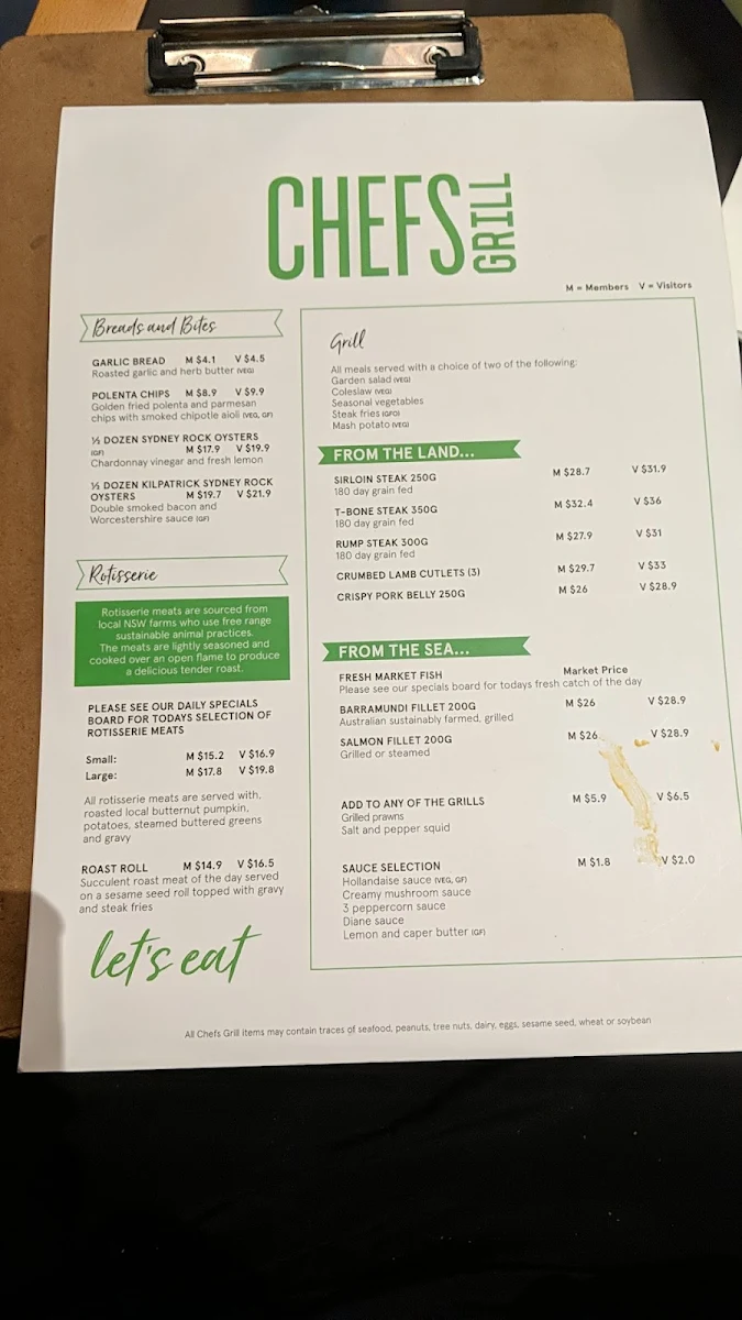 Menu, Chefs Grill