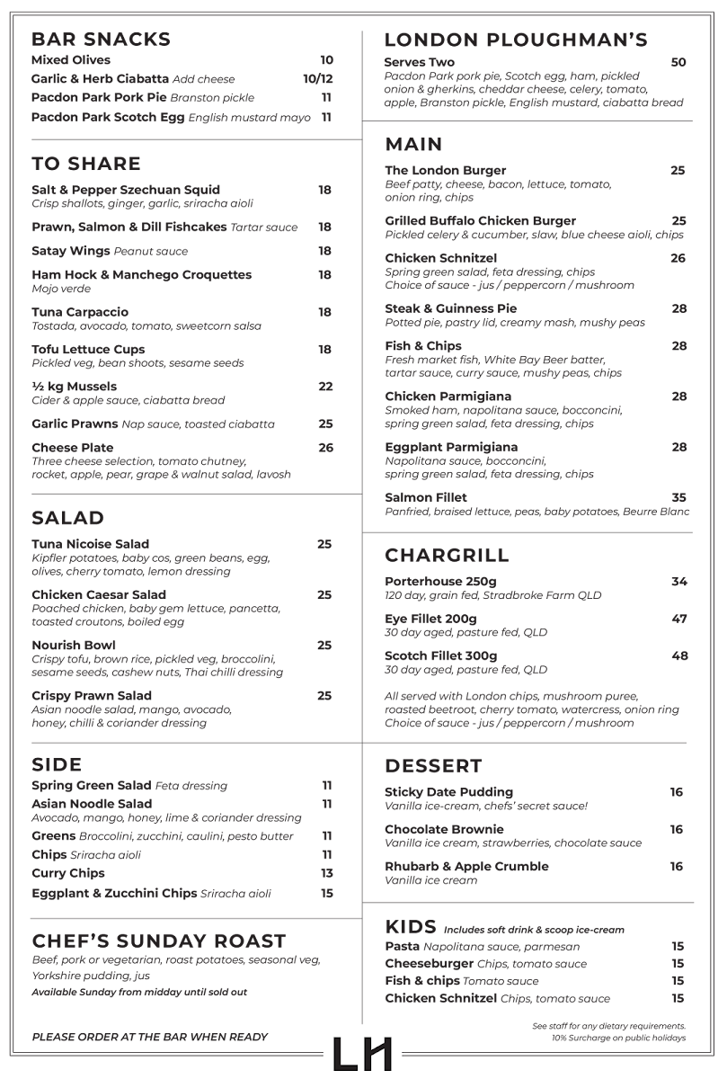 Menu, The London Hotel