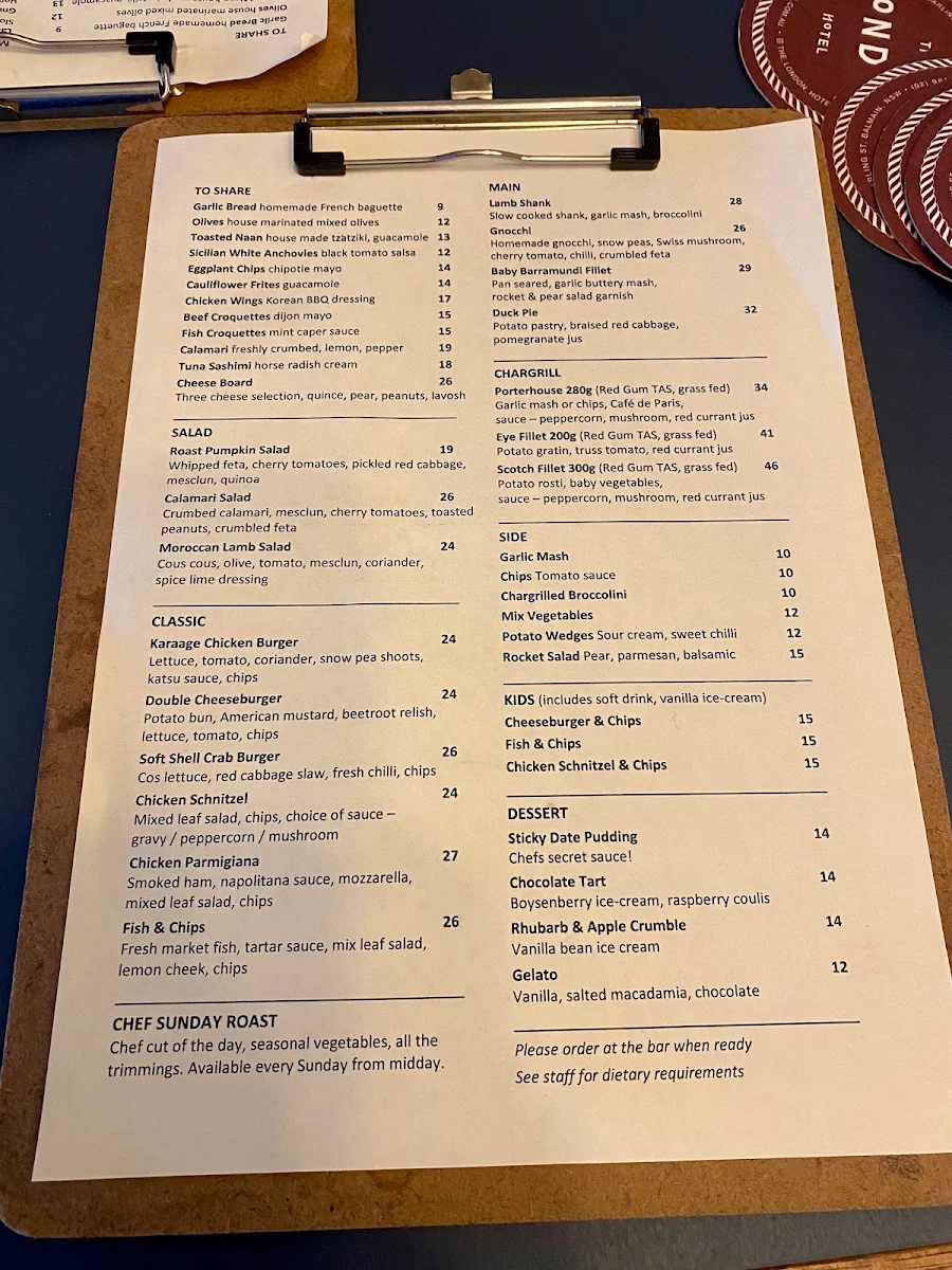 Menu, The London Hotel