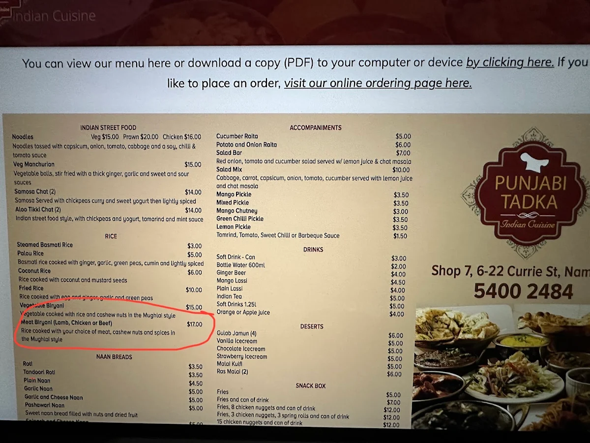 Menu, Punjabi Tadka Nambour