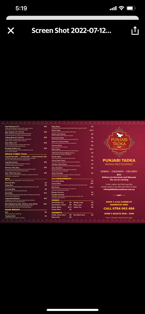 Menu, Punjabi Tadka Nambour