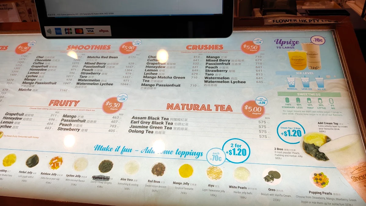 Menu, Sharetea Swanston