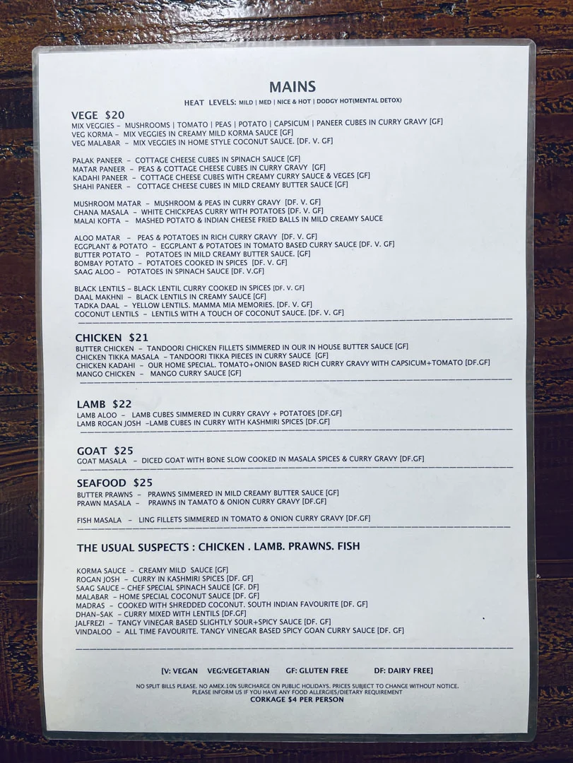 Menu, the dodgy indian