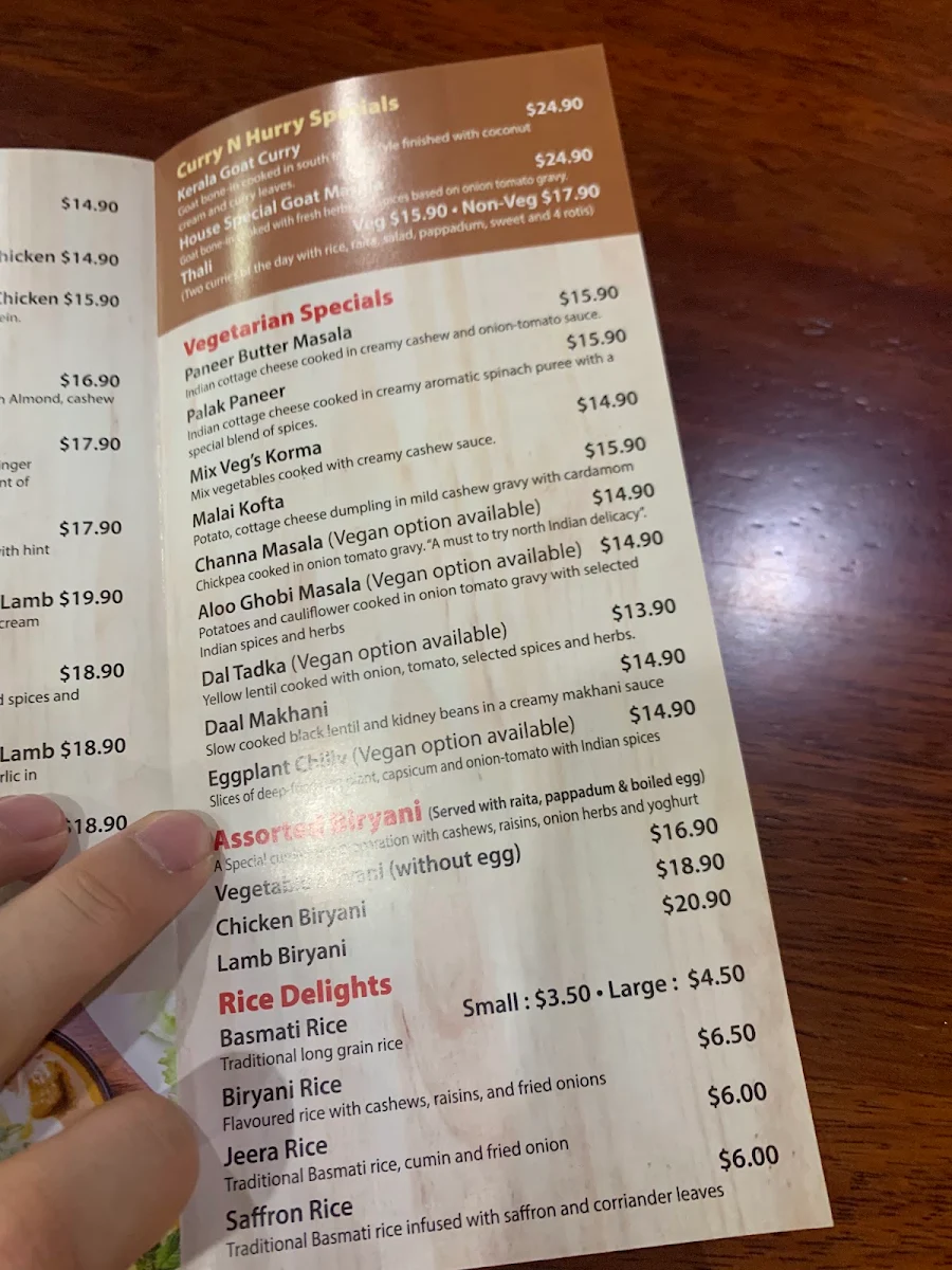 Menu, Curry n Hurry