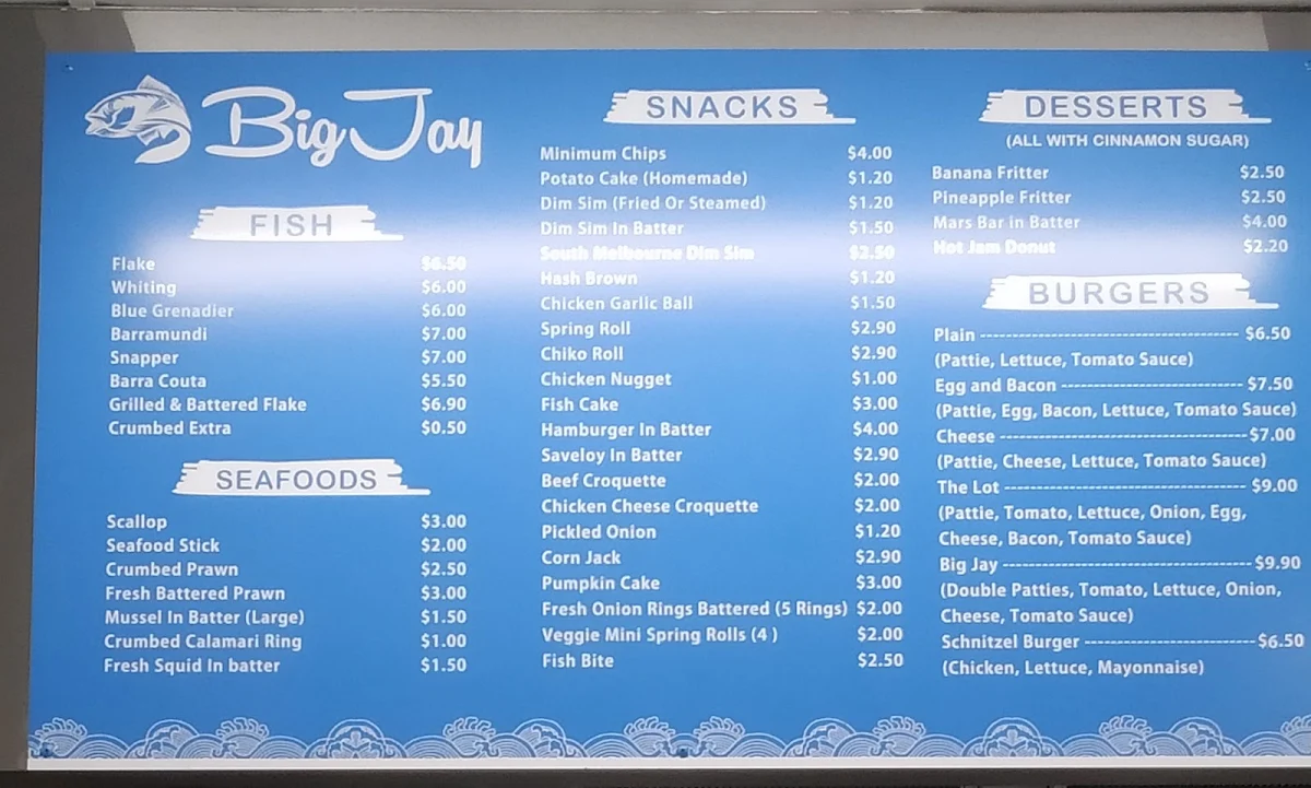 Menu, Hampton Park Fish & Chips