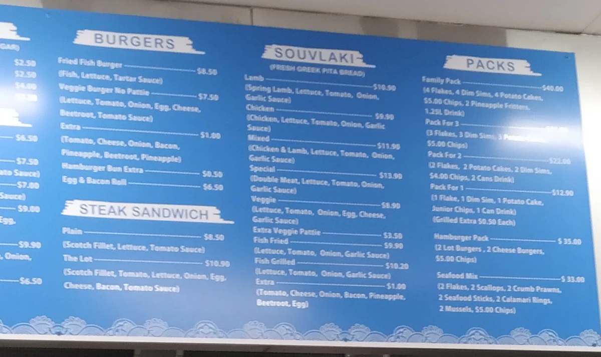 Menu, Hampton Park Fish & Chips