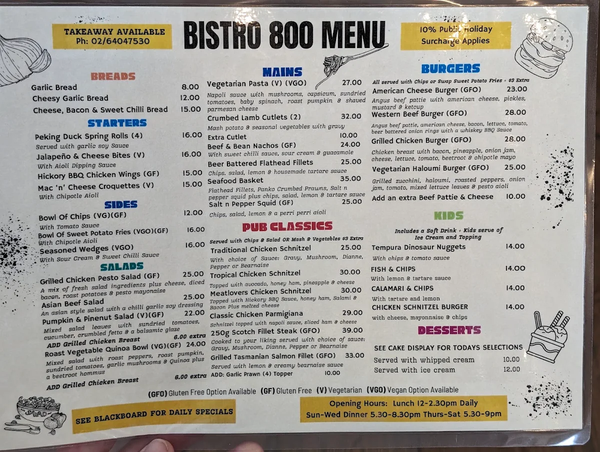 Menu, The Cooma Hotel