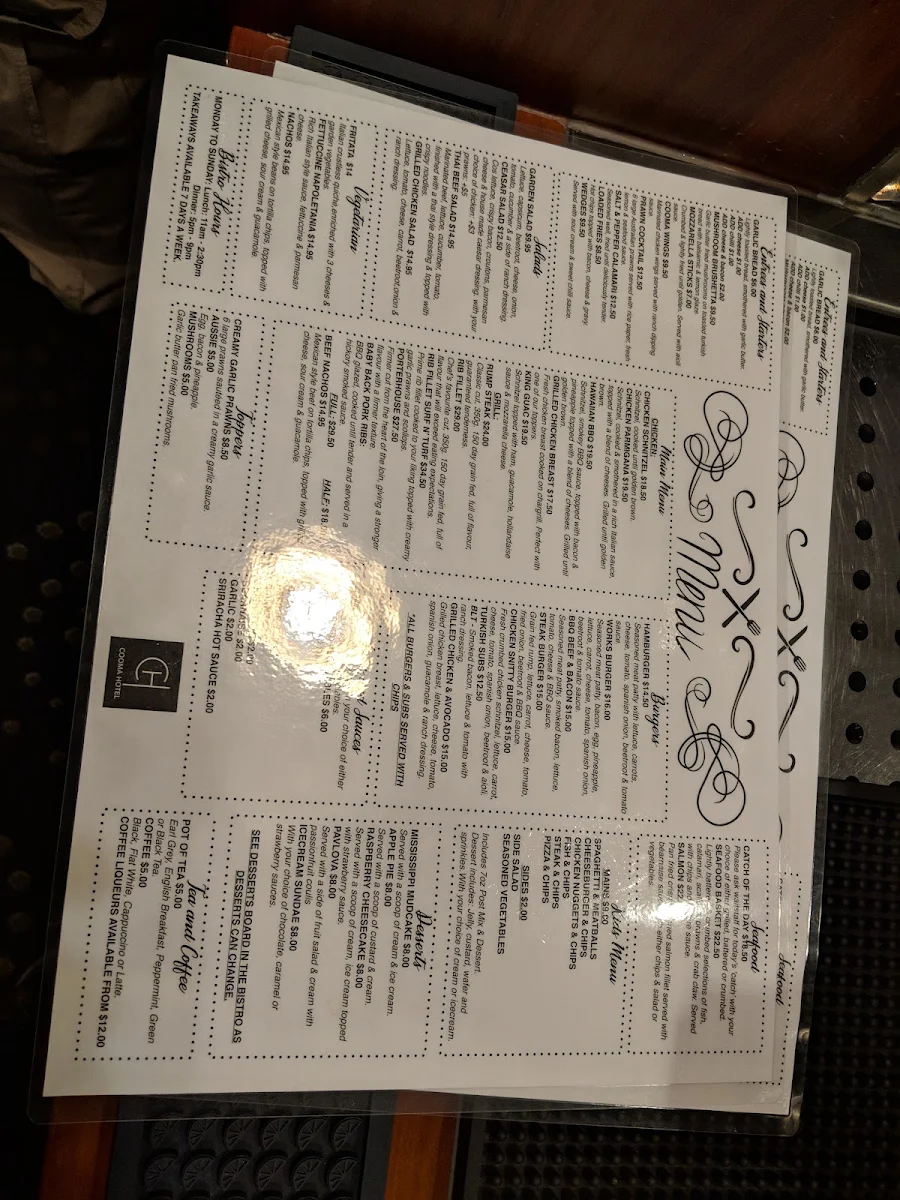 Menu, The Cooma Hotel