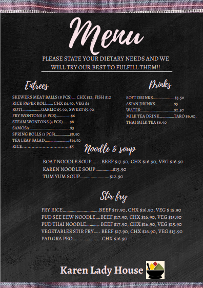 Menu, Karen Lady House Restaurant