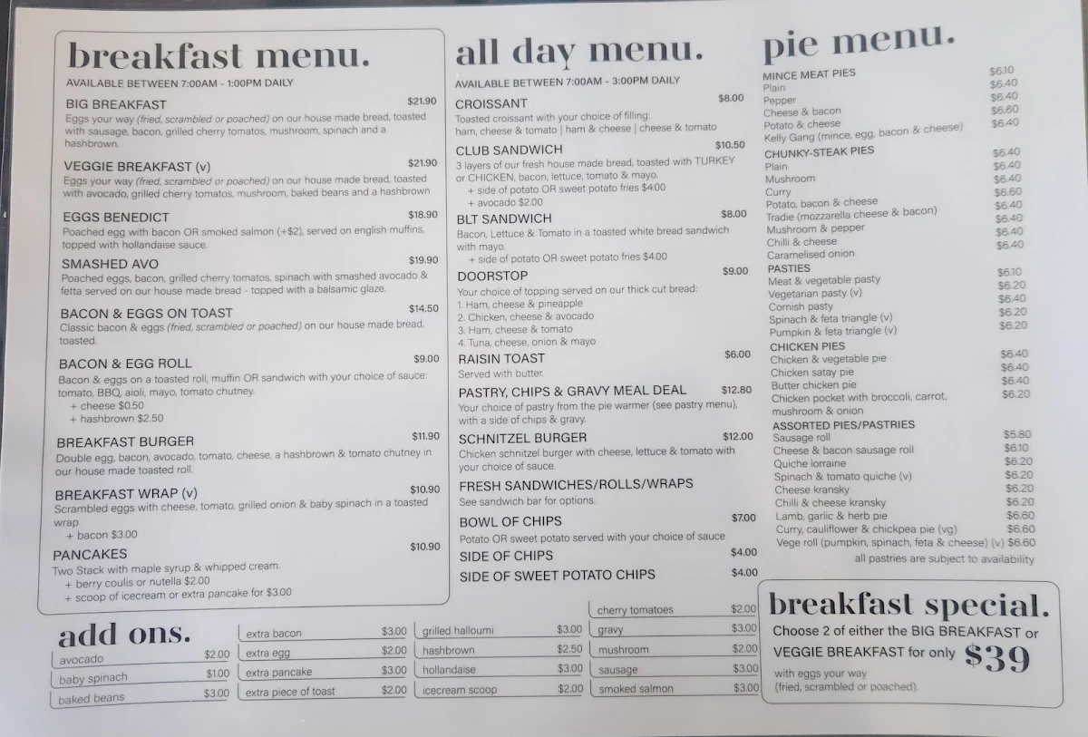 Menu, The Fabulous Baker Boys Bakery
