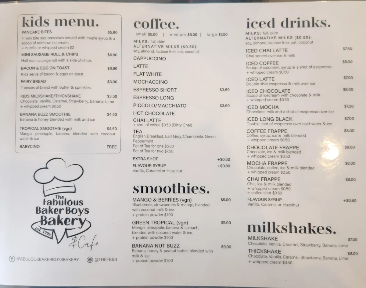Menu, The Fabulous Baker Boys Bakery