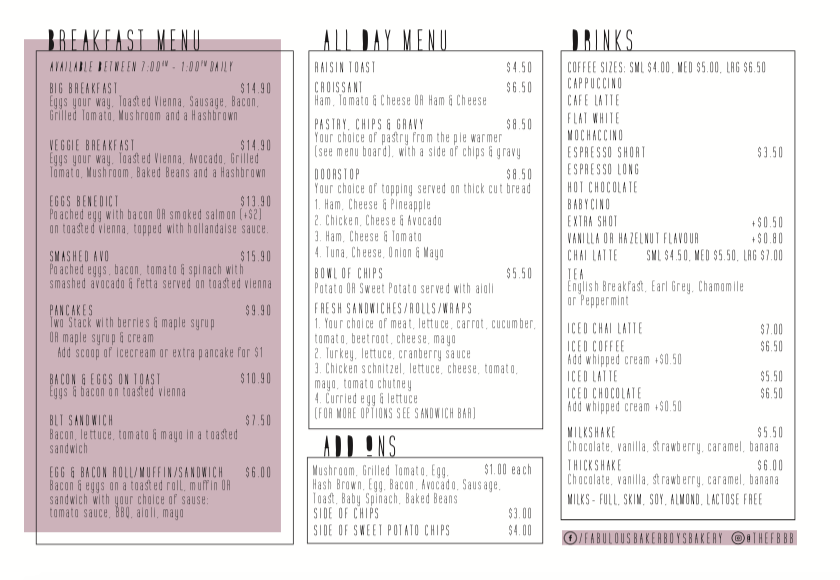 Menu, The Fabulous Baker Boys Bakery