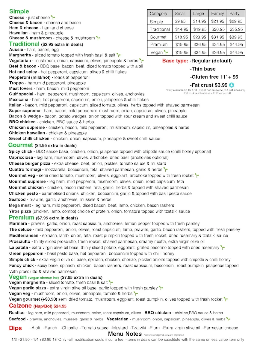 Menu, Gulfview Pizza