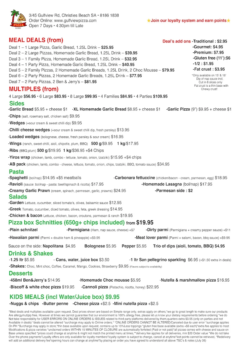 Menu, Gulfview Pizza