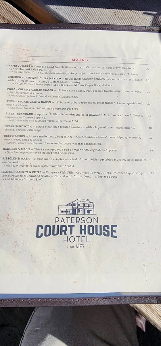 Menu, Paterson Court House Hotel