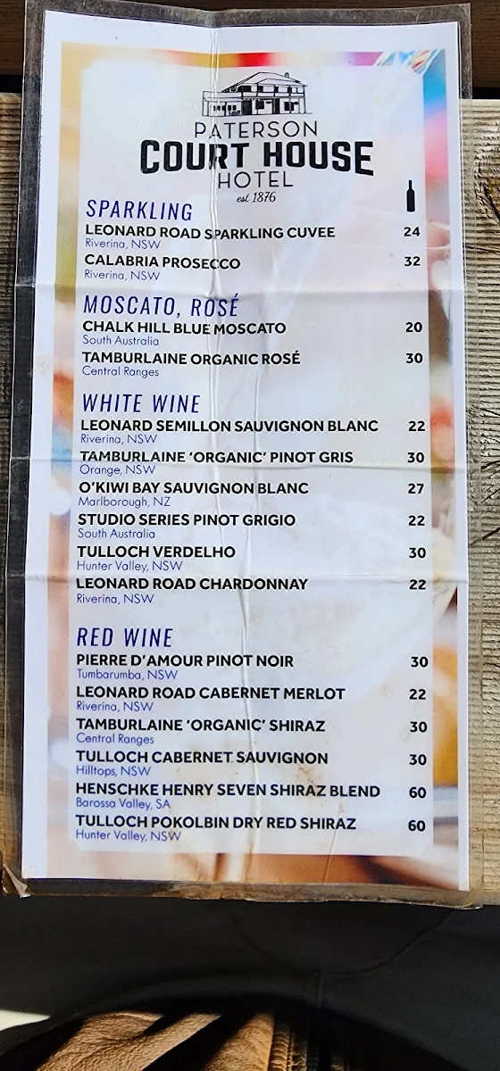 Menu, Paterson Court House Hotel