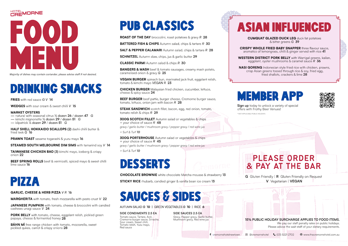 Menu, The Cremorne Hotel