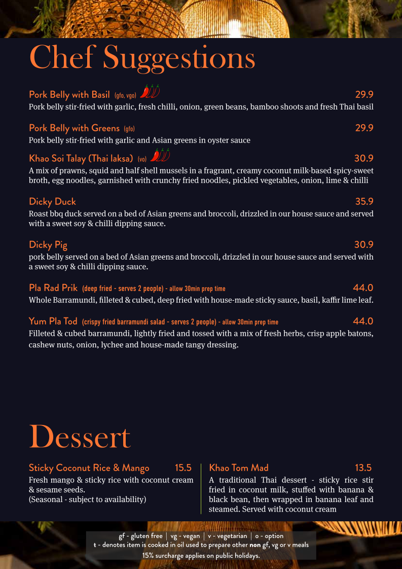 Menu, Love You Long Thai