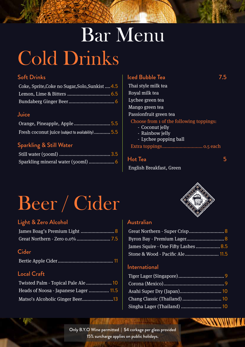 Menu, Love You Long Thai