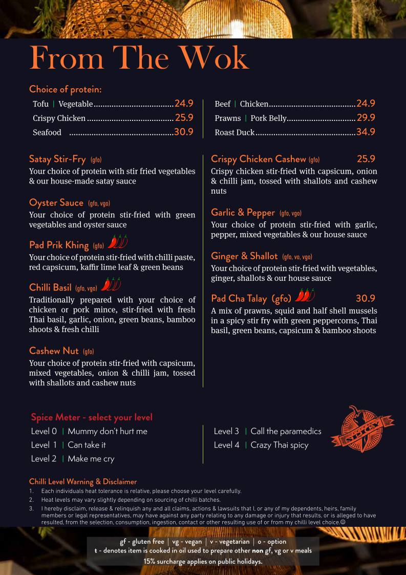 Menu, Love You Long Thai