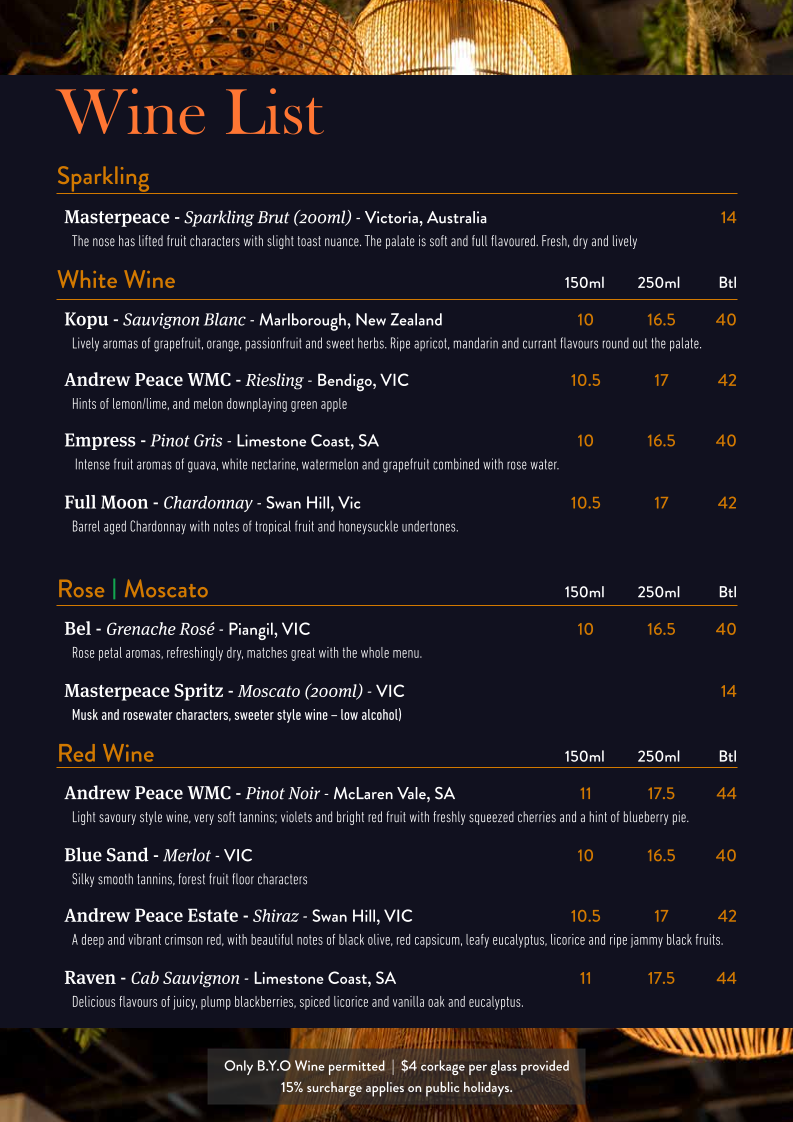 Menu, Love You Long Thai