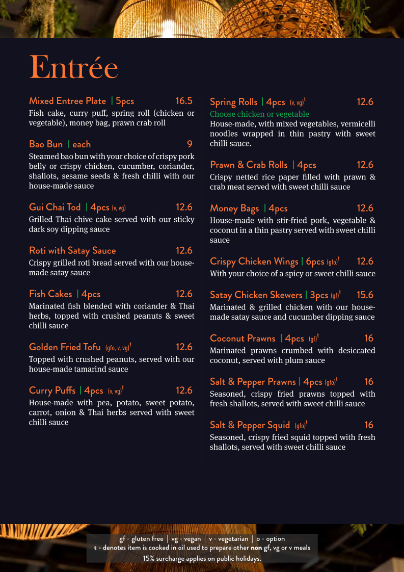Menu, Love You Long Thai