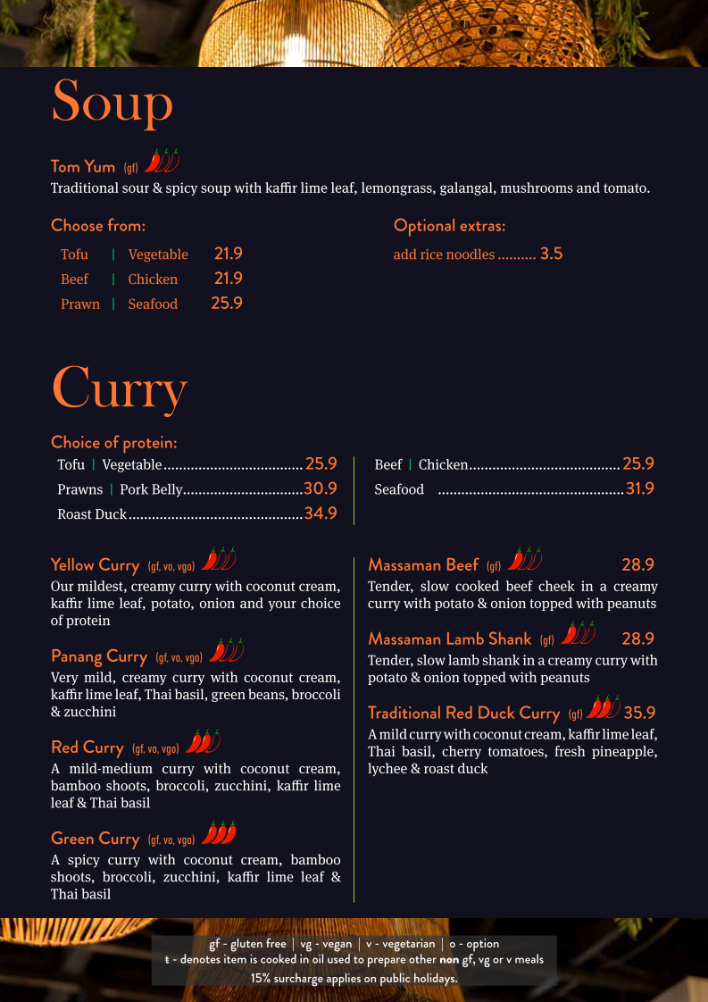 Menu, Love You Long Thai