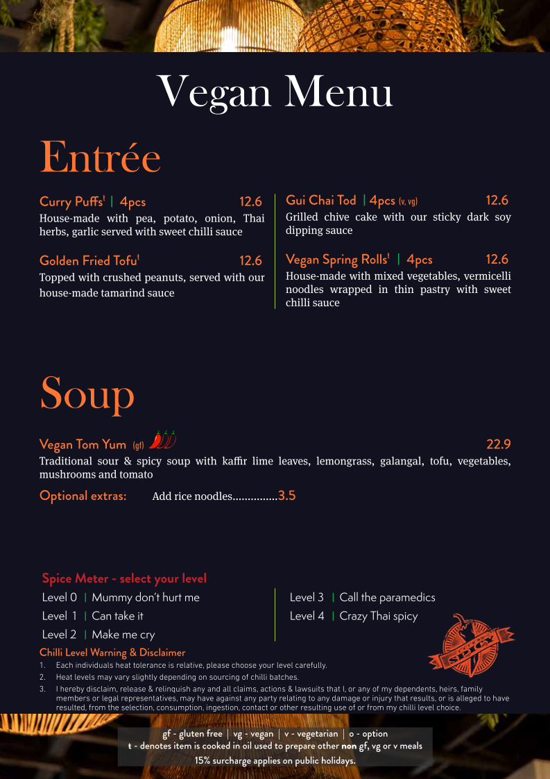 Menu, Love You Long Thai