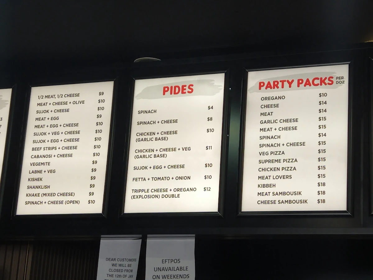 Menu, Zahra's Pizza and Munoosh