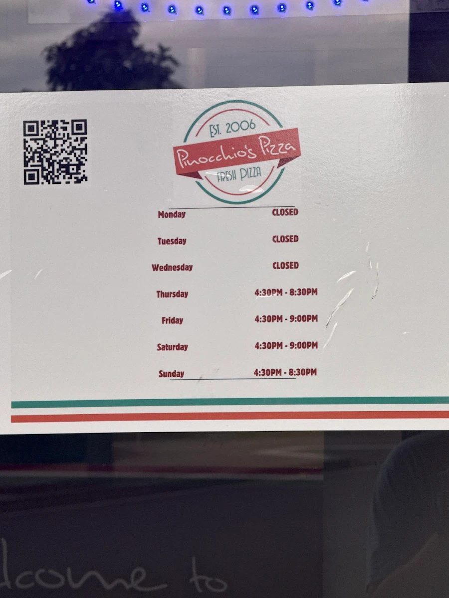 Menu, Pinocchio's Pizza Shellharbour City