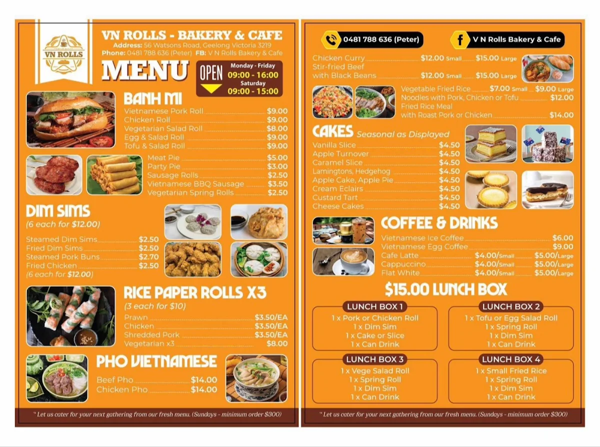 Menu, V N Rolls - Bakery & Cafe